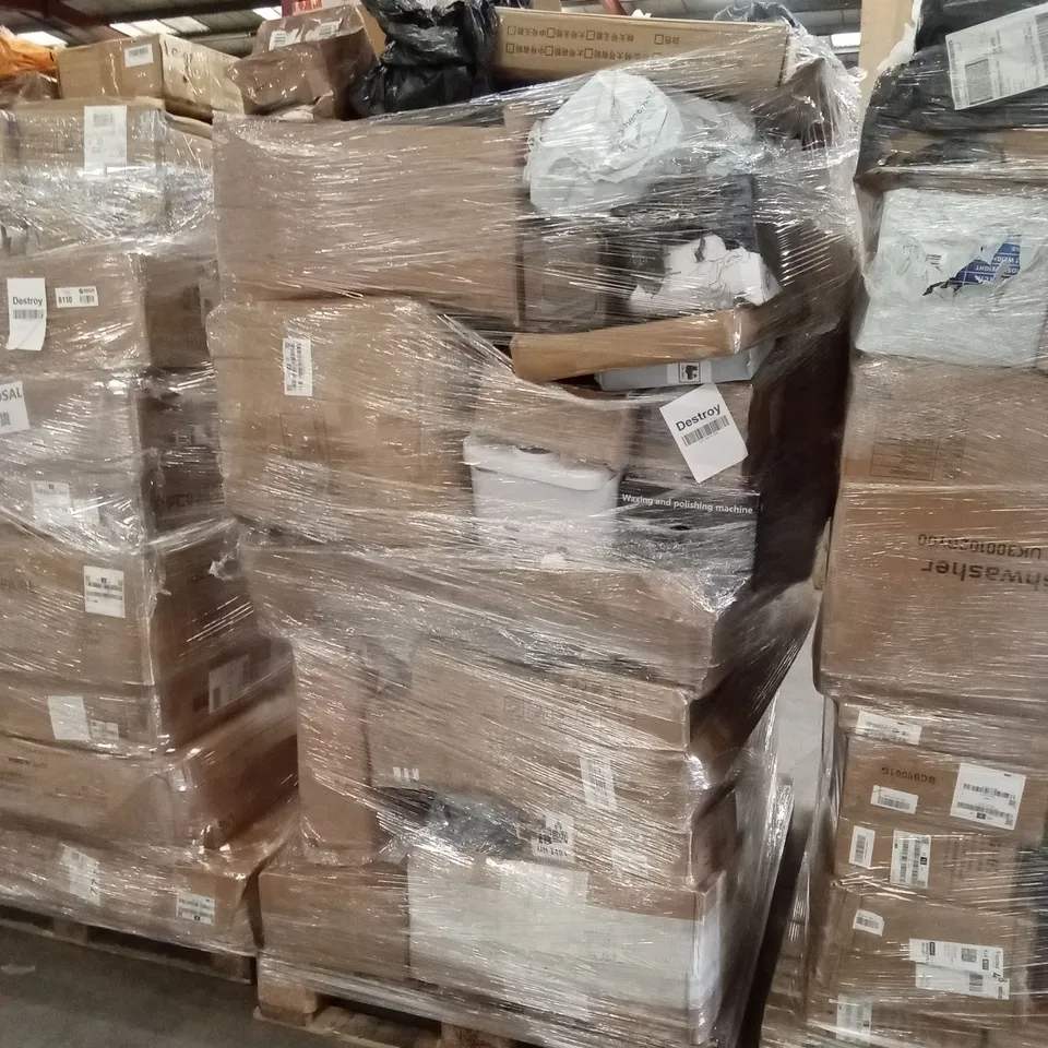 PALLET OF ASSORTED HOUSEHOLD GOODS AND PRODUCTS TO INCLUDE; FLATPACK FURNITURE, WAXING AND POLISHING MACHINE, SELF-CLEANING LITTER BOX ETC