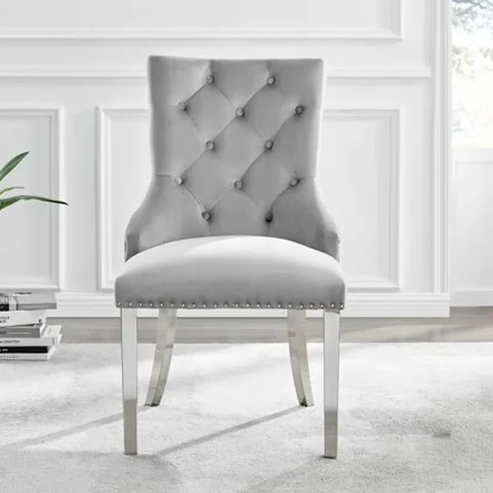 BOXED SET OF 2 EUBANKS BLUE VELVET KNOCKERBACK DINING CHAIRS WITH METAL RIVETS AND CHROME LEGS (1 BOX)