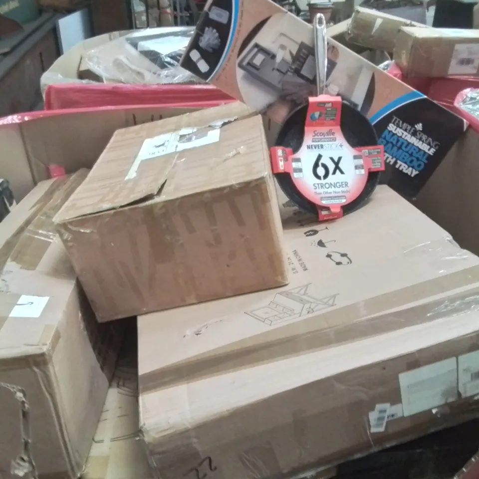 PALLET CONTAINING VARIOUS ASSORTED BOXED HOUSEHOLD ITEMS TO INCLUDE: NON STICK PAN, BAMBOO BATH TRAY, CAT CLIMBING TREE, VANITY UNIT AND LOTS MORE UNMARKED BOXED ITEMS 