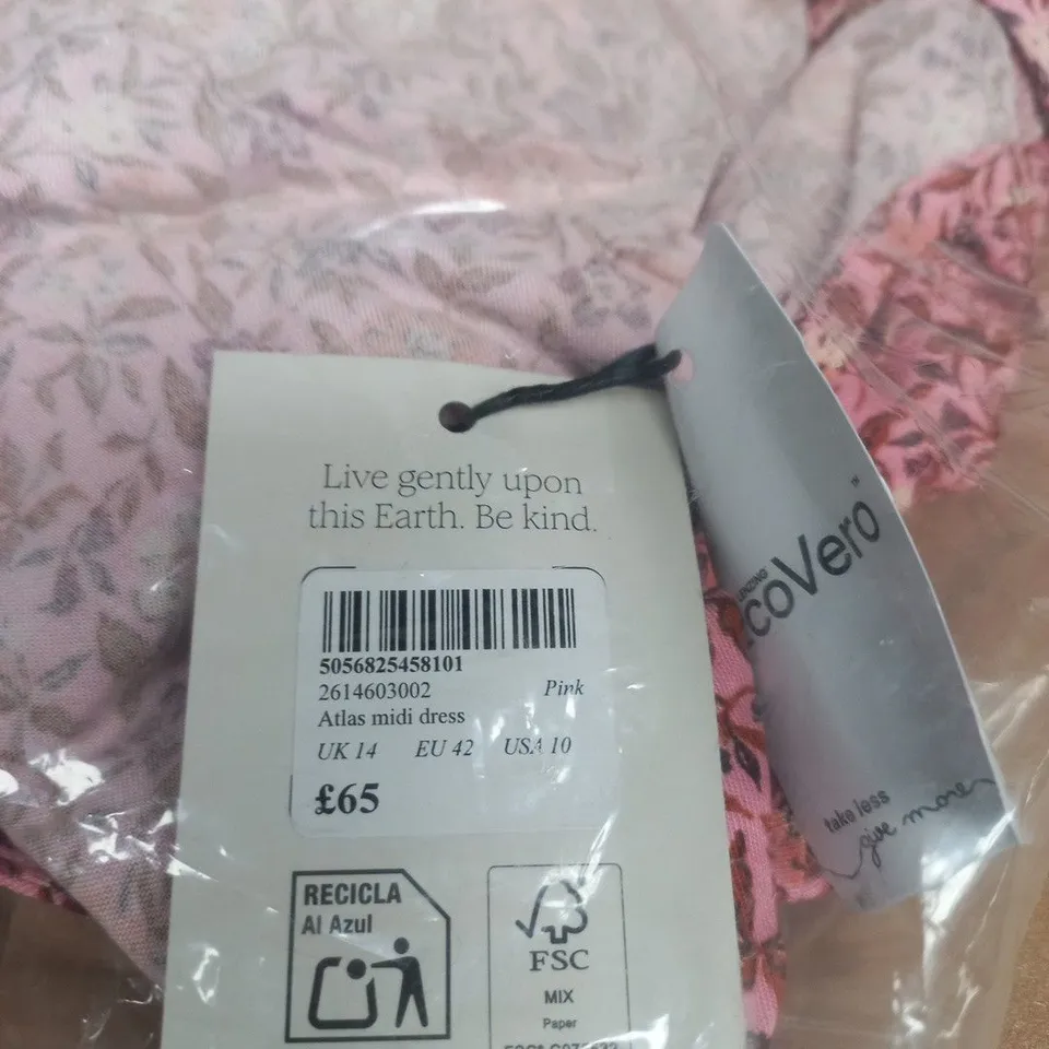 NOBODYS CHILD ATLAS MIDI DRESS – PINK FLORAL, UK 14 (EU 42, US 10)