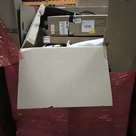 PALLET OF HOUSEHOLD ITEMS TO INCLUDE WALLPAPER STEAMER, RUG, BABY BED RAIL, TENSION ROD AND OTHER ASSORTED ITEMS...