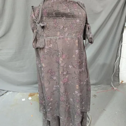 DISTURBIA WOMEN'S FLORAL MAXI DRESS, SMOCKED BODICE, PURPLE/BROWN – UK 6 (US 2 / EU 34)