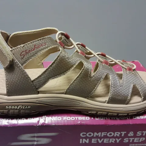 BOXED SKETCHERS GOWALK FISHERMAN SANDALS IN TAUPE - SIZE 6