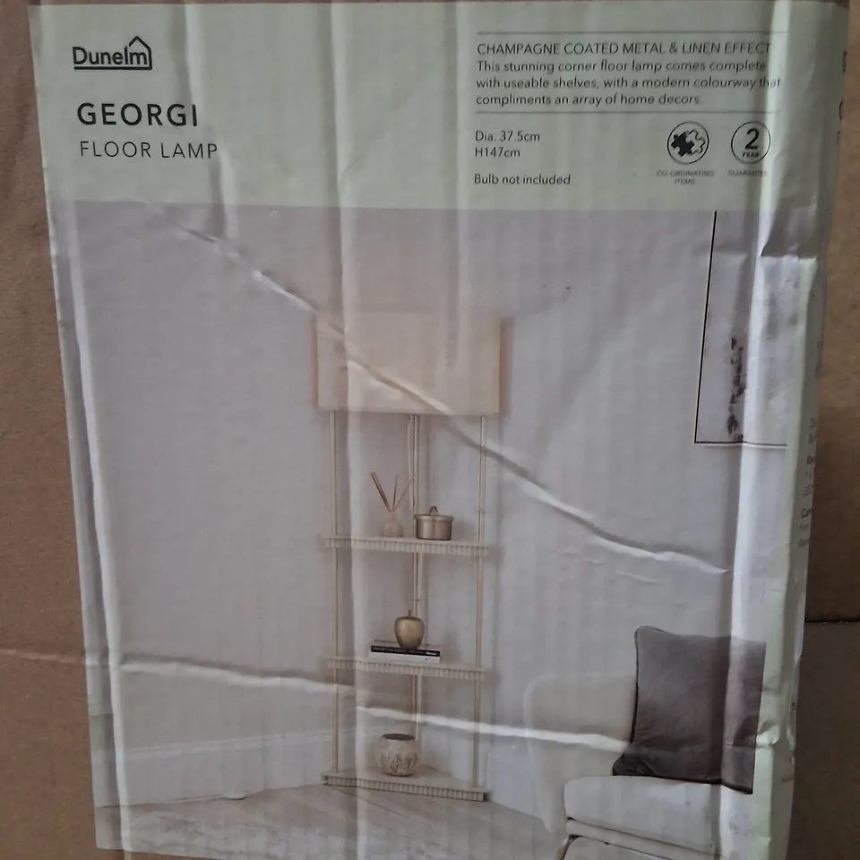 BOXED DUNELM GEORGI CORNER SHELVED FLOOR LAMP – NATURAL