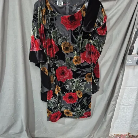 Frank Lyman Floral Print Dress with Velvet Trim – Black with Red & Gold Roses, UK Size 10