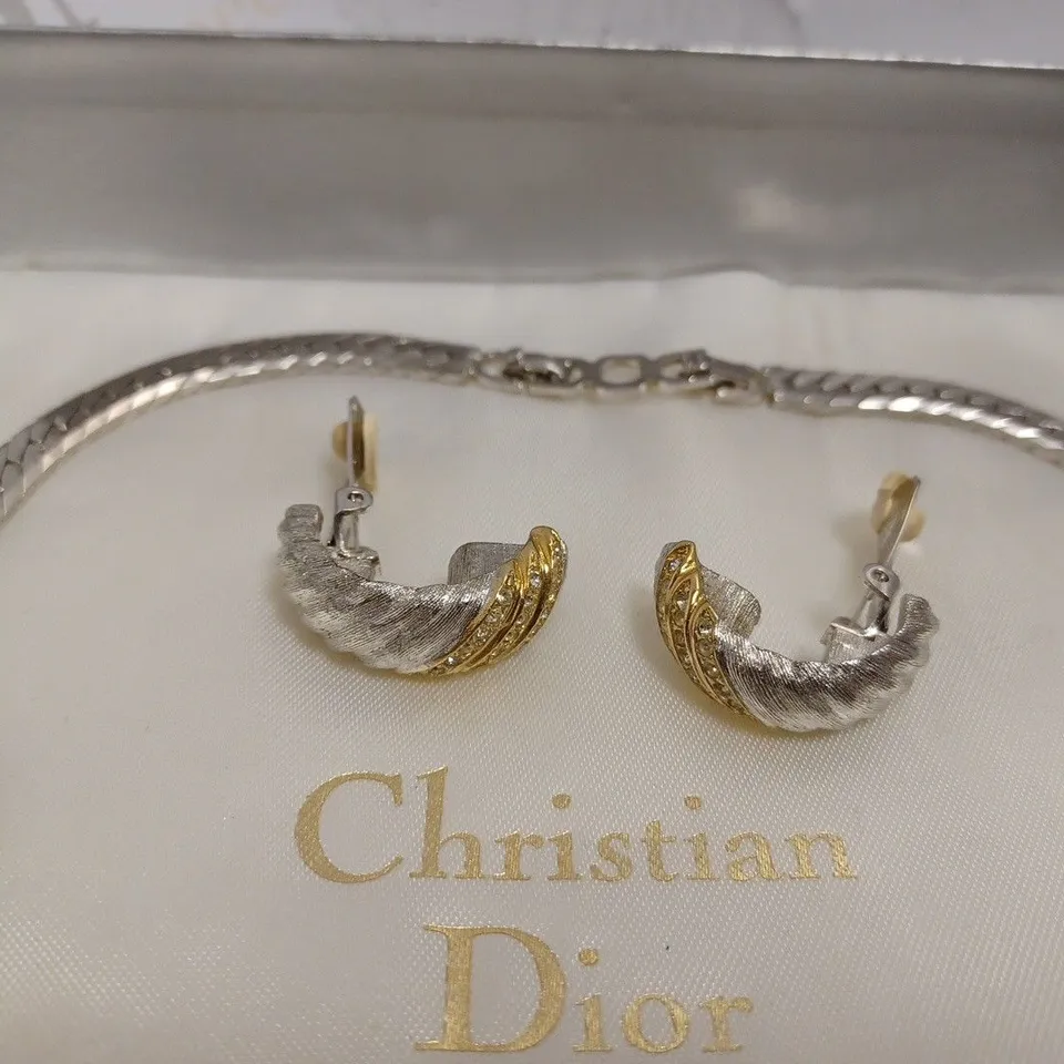 CHRISTIAN DIOR NECKLACE AND CLIP ON EARRING SET - SILVER AND GOLD EFFECT