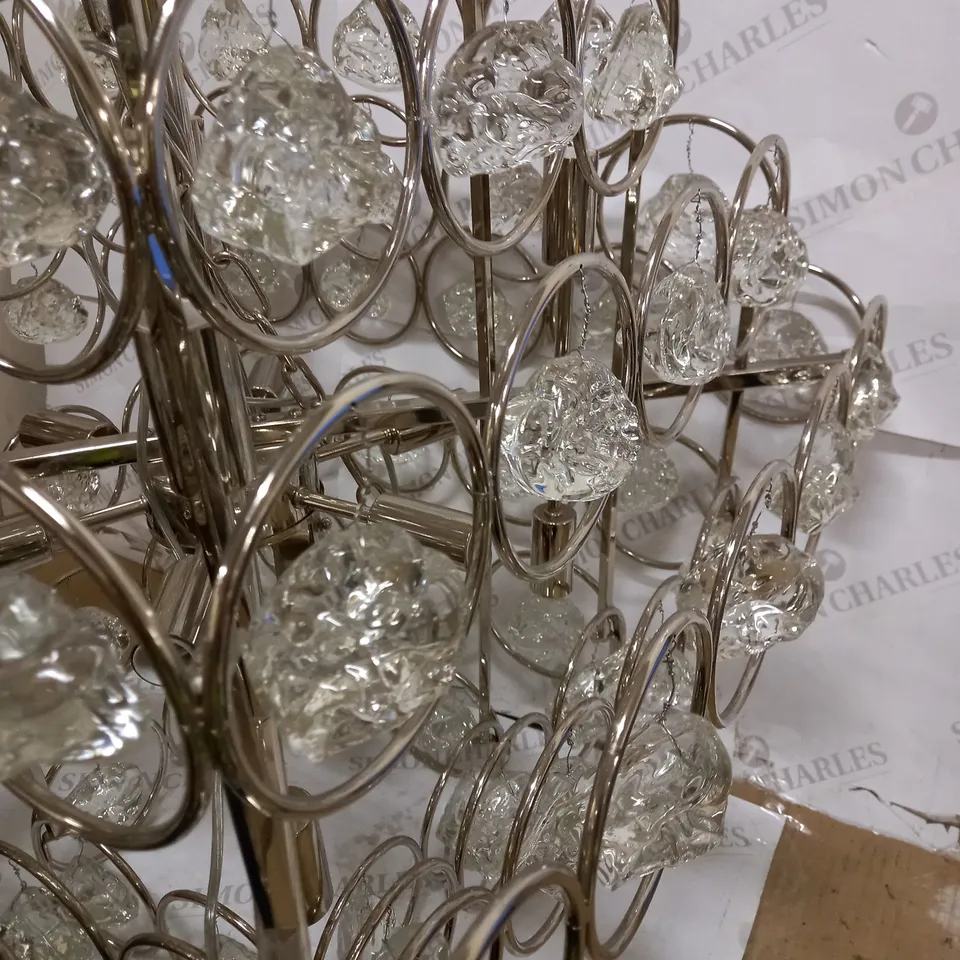 14 LIGHTS ON A SILVER CHANDELIER WITH GLASS ROCKS - COLLECTION ONLY