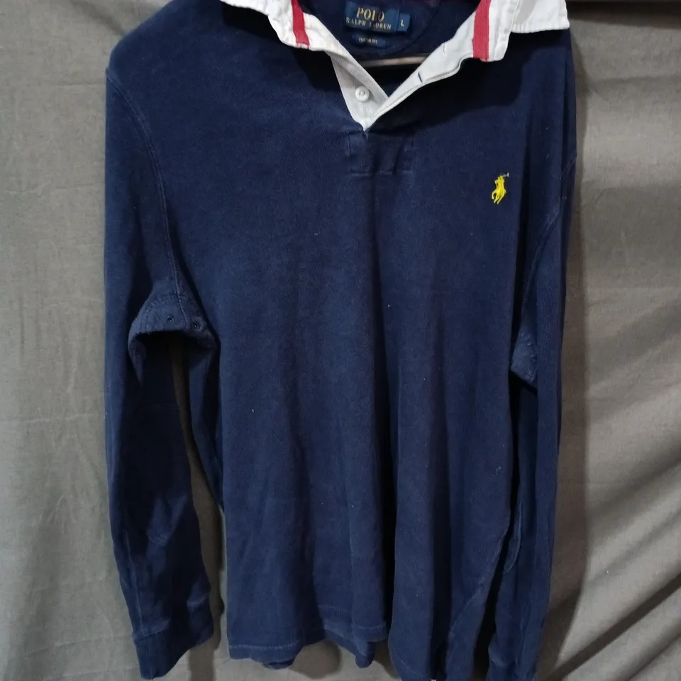 POLO RALPH LAUREN LONG SLEEVE POLO SHIRT – NAVY WITH WHITE COLLAR, SIZE L