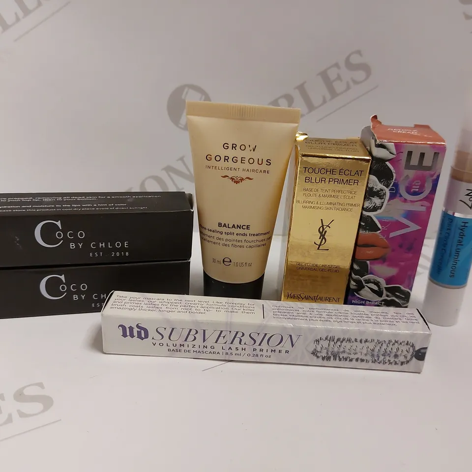BOX OF APPROX 6 COSMETIC ITEMS TO INCLUDE COCO BY CHLOE LIP GLOSS, GROW GORGEOUS CONDITIONER, NO.7 CONCEALER