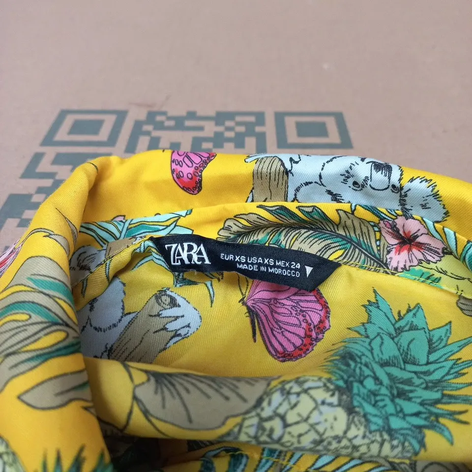 UK 6 ZARA WOMEN'S TROPICAL PRINT SHIRT – YELLOW, MADE IN MOROCCO