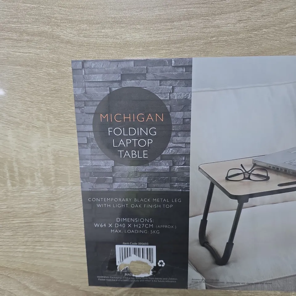 MICHIGAN FOLDING LAPTOP TABLE - OAK FINISH TOP, BLACK METAL LEGS (64 X 40 X 27 CM)