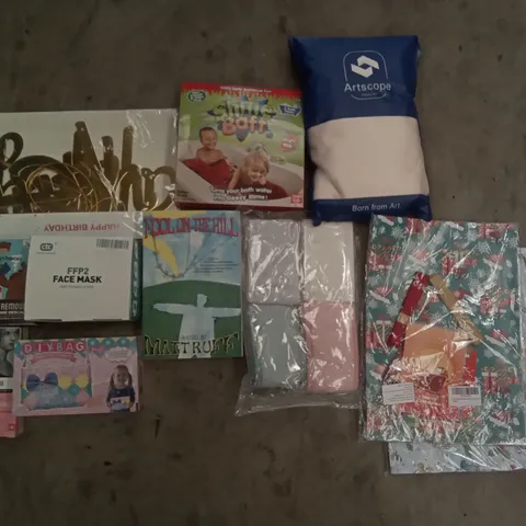 PALLET OF ASSORTED ITEMS INCLUDING SLIME BAFF, BROWN BEAR LIMESCALE REMOVER, FACE MASKS, FOOL ON THE HILL BOOK, HAPPY BIRTHDAY BANNER, CHRISTMAS WRAPPING PAPER