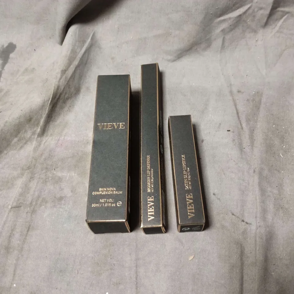 3 X VIEVE PRODUCTS: SKIN NOVA COMPLEXION BALM 30ML, SATIN SLIP LIPSTICK 3G, MODERN LIP DEFINER 1.2G