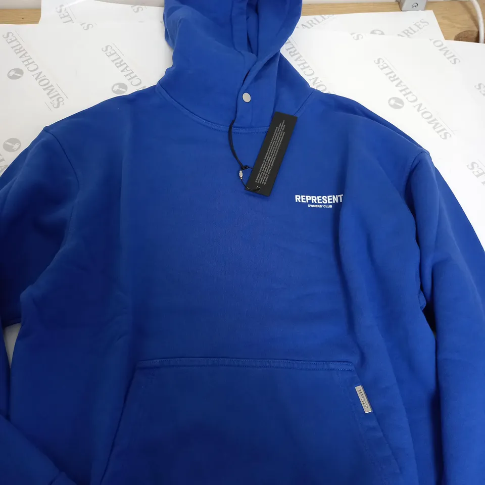 REPRESENT BLUE PLAIN HOODIE WITH BACK GRAPHIC LOGO - M