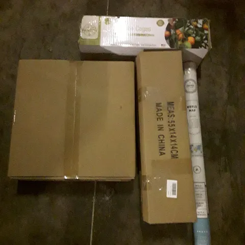 PALLET OF ASSORTED PRODUCTS INCLUDING TABLE TOP CHRISTMAS TREE, WORLD MAP, CHRISTMAS WREATH, TOMATO CAGES, METAL BUCKET