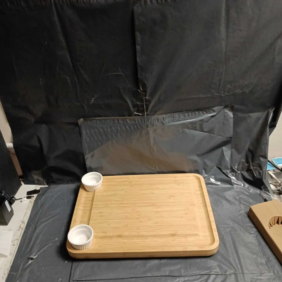2X BOXED WOODEN BAMBOO SERVING TRAY WITH TWO WHITE CERAMIC CUPS
