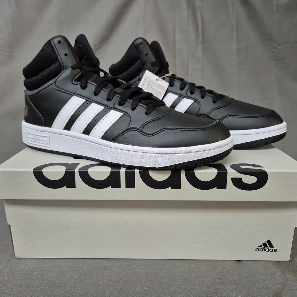 BOXED PAIR OF ADIDAS HOOPS 3.0 MID SHOES IN BLACK/WHITE UK SIZE 9