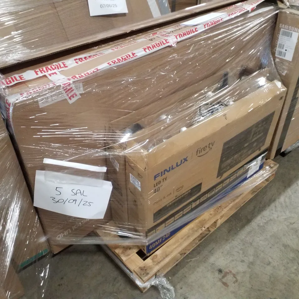 PALLET OF FIVE ASSORTED WAREHOUSE DAMAGED TV'S TO INCLUDE;