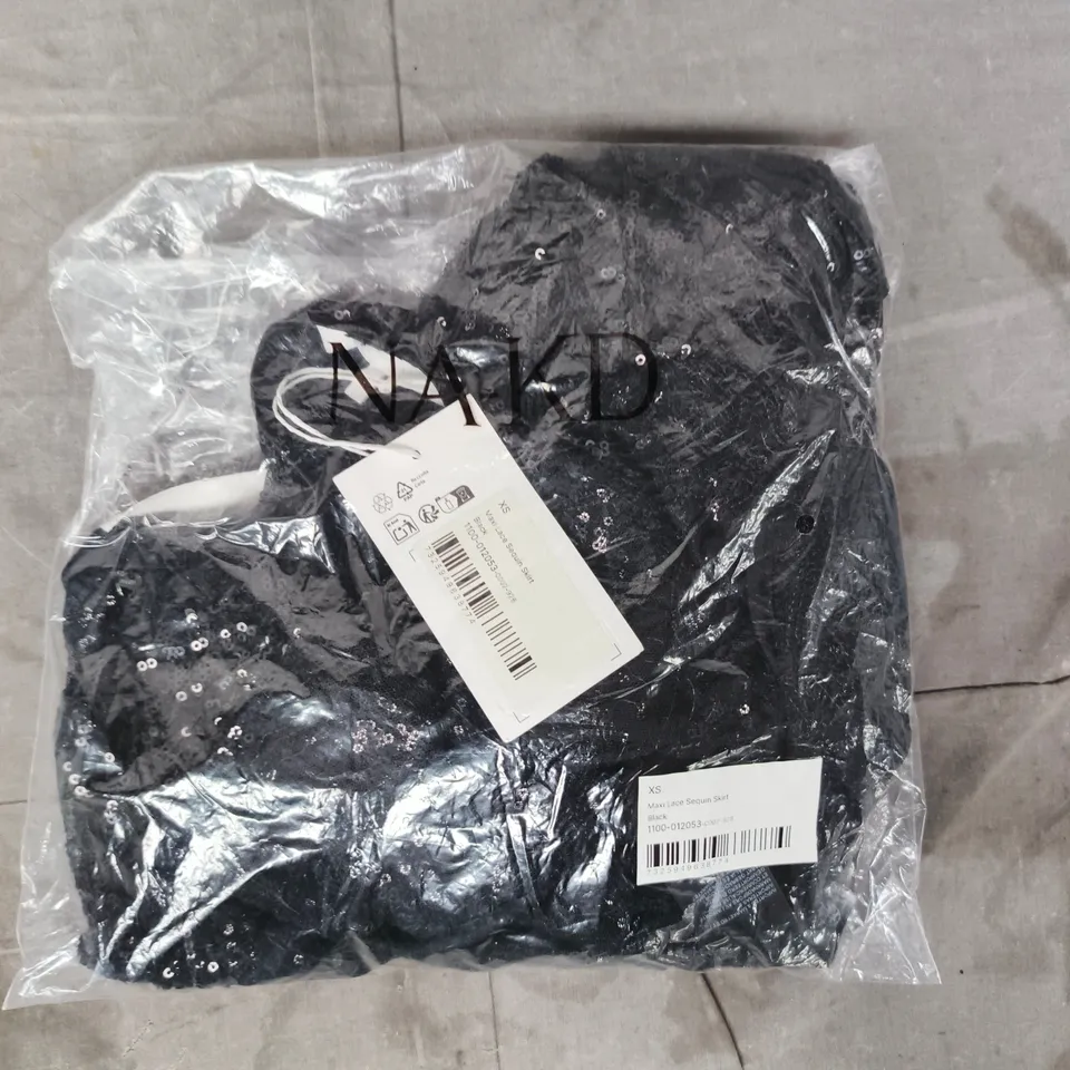 BAGGED NA-KD MAXI LACE SEQUIN SKIRT IN BLACK SIZE XS