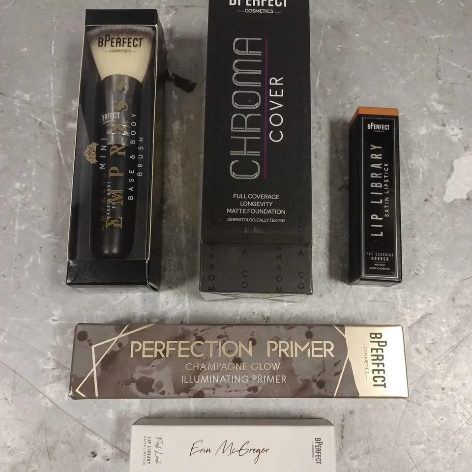 BPERFECT LOT OF 5 ASSORTED COSMETIC ITEMS TO INCLUDE - CHROMA COVER MATTE FOUNDATION IN N2 - CHAMPAGNE GLOW ILLUMINATING PRIMER - LIP LIBRARY SATIN LIPSTICK - ETC