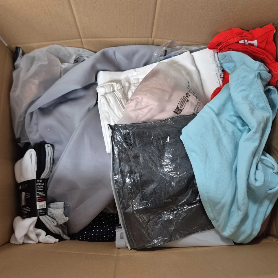 LARGE BOX OF APPROXIMATELY 20 ASSORTED CLOTHING ITEMS IN VARIOUS SIZES, STYLES AND COLOURS