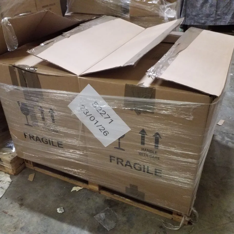 PALLET CONTAINING ASSORTED HALLOWEEN DECORATIONS INCLUDING GLASS LED DECORATIONS, WOODEN STANDING CHALKBOARDS & ASSORTED HALLOWEEN FABRICS