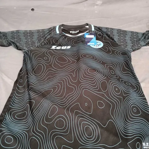 ZEUS FOOTBALL JERSEY – ALBATIN F.C. BADGE, BLACK WITH LIGHT BLUE TRIM SIZE M 
