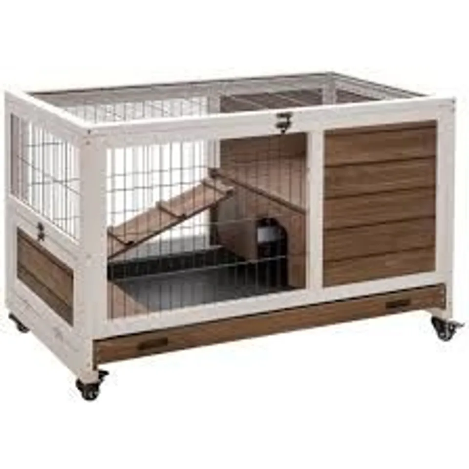 BOXED PAWHUT WOODEN GUINEA PIG HUTCH, 2-FLOOR BUNNY CAGE W/ ENCLOSED RUN AREA, BROWN (1 BOX)