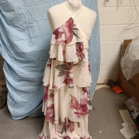 L'AMORAE WOMEN'S FLORAL TIERED HALTER DRESS, CREAM WITH PINK PRINT – SIZE M