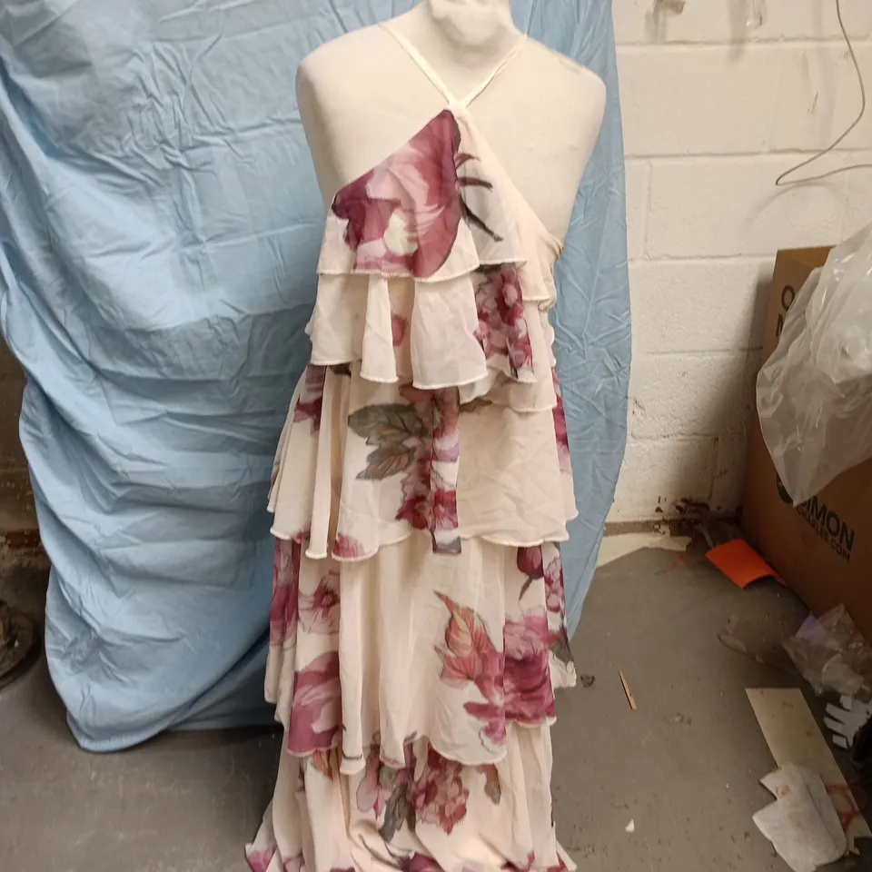 L'AMORAE WOMEN'S FLORAL TIERED HALTER DRESS, CREAM WITH PINK PRINT – SIZE M