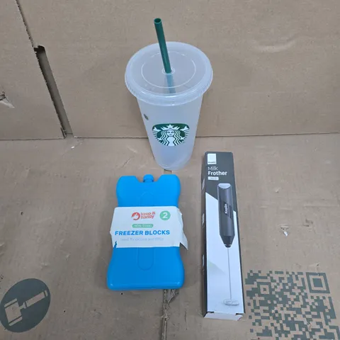 APPROXIMATELY 15 ASSORTED HOUSEHOLD PRODUCTS TO INCLUDE FREEZER BLOCK, STARBUCKS TRAVEL CUP, MILK FROTHER ETC 