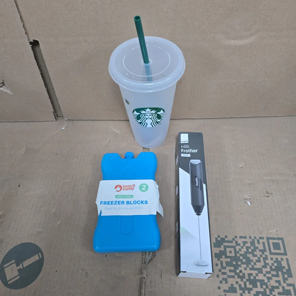 APPROXIMATELY 15 ASSORTED HOUSEHOLD PRODUCTS TO INCLUDE FREEZER BLOCK, STARBUCKS TRAVEL CUP, MILK FROTHER ETC 