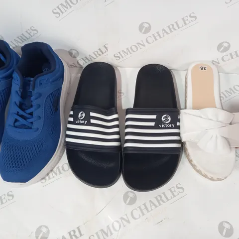 BOX OF APPROXIMATELY 10 ASSORTED PAIRS OF SHOES IN VARIOUS STYLES AND SIZES TO INCLUDE VICTORY, SLAZENGER, ETC
