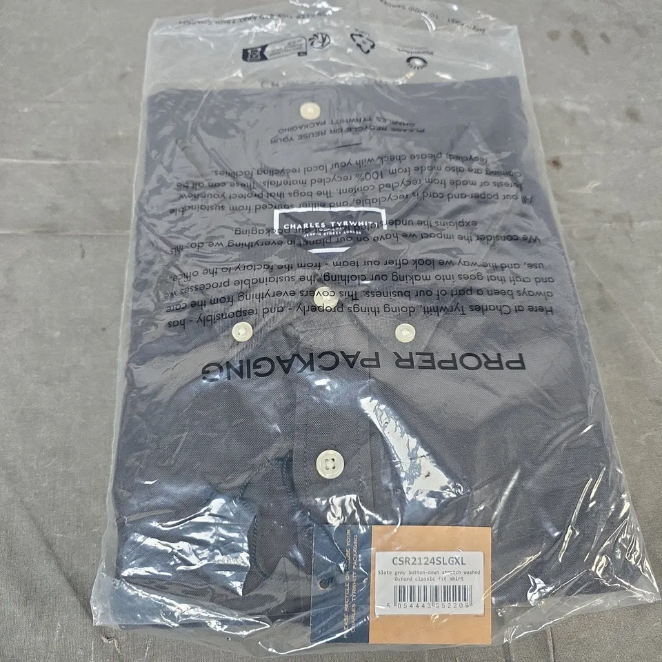 CHARLES TYRWHITT SLATE GREY BUTTON-DOWN OXFORD SHIRT – CLASSIC FIT, STRETCH OXFORD – XL