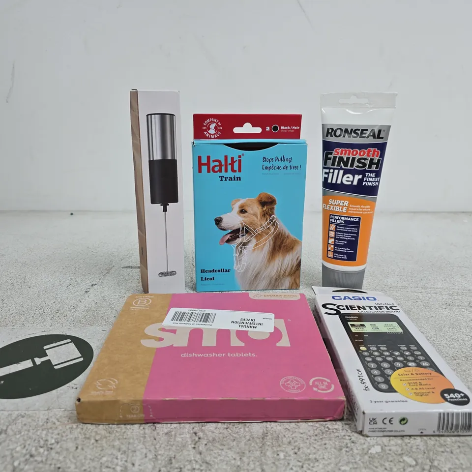 TOTE OF APPROXIMATELY 20 ASSORTED HOUSEHOLD ITEMS TO INCLUDE HALTI DOG HEAD COLLAR, SMOL DISHWASHER TABLETS, CASIO SCIENTIFIC CALCULATOR, ASSISTANT FROTHER ETC