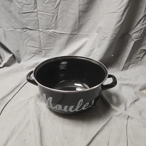 BLACK CERAMIC MOULES POT WITH SCRIPT – TWO-HANDLED SERVING DISH BRAND MOULES .