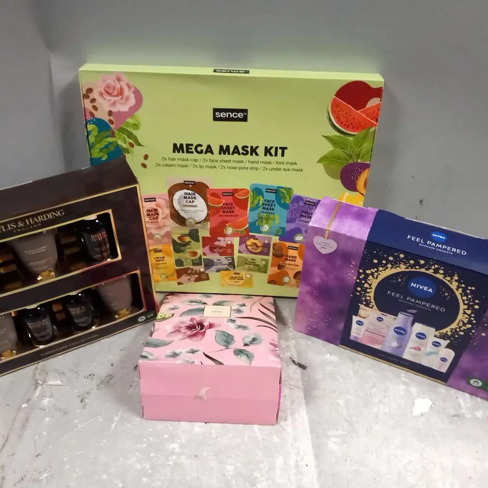 FOUR ASSORTED HEALTH AND BEAUTY GIFT SETS TO INCLUDE; NIVEA FEEL PAMPERED, FLORAL COLLECTION ROSE GIFT SET, SENCE MEGA MASK KIT AND BAYLISS AND HARDING SIGNATURE COLLECTION