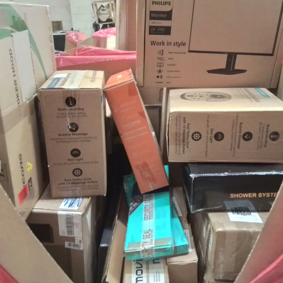 PALLET CONTAINING VARIOUS ASSORTED HOUSEHOLD ITEMS TO INCLUDE: FOOT SPA'S, COOKER HOOD, PC MONITORS, SHOWER SYSTEM, MUSIC TURNTABLE AND LOTS MORE UNMARKED BOXED ITEMS 