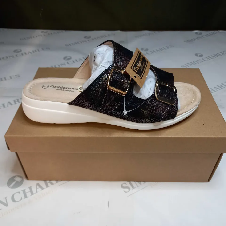 BOXED PAIR OF CUSHION WALK DOUBLE BUCKLE MULES IN BLACK - SIZE 5