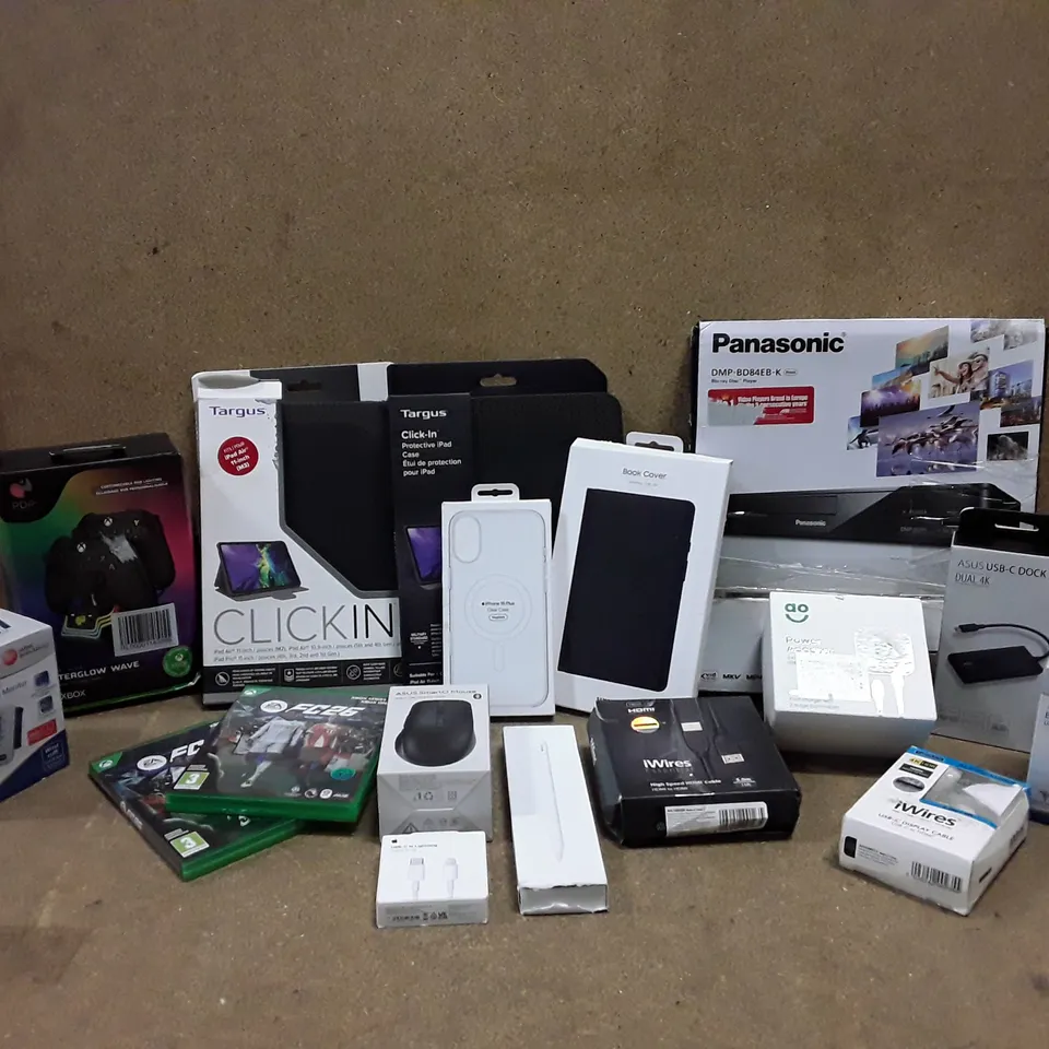 BOXED CONTAINING APPROXIMATELY 15X ASSORTED GOODS AND PRODUCTS TO INCLUDE; PANASONIC BLU-RAY DISC PLAYER, GALAXY TAB A9 BOOK COVER AND APPLE PENCIL (USB-C)