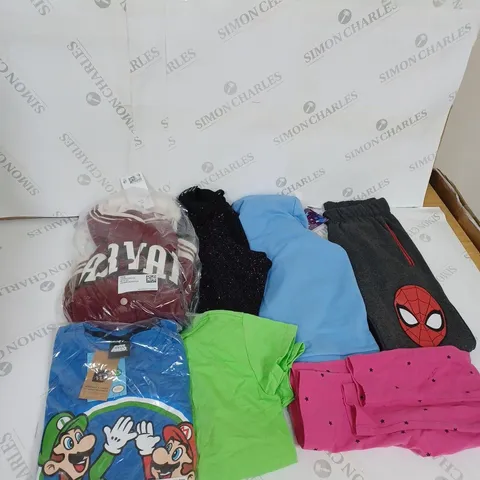 BOX OF ASSORTED CHILDRENS CLOTHING VARYING IN SIZE/COLOUR/STYLE TO INCLUDE: TOPS, DRESSES, JUMPERS