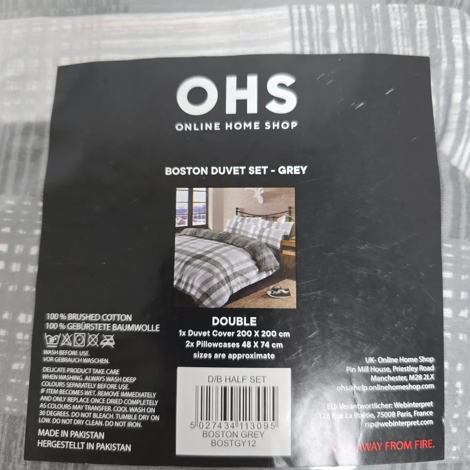 BAGGED OHS BOSTON DUVET SET - GREY, DOUBLE (200 X 200 CM) WITH 2 PILLOWCASES