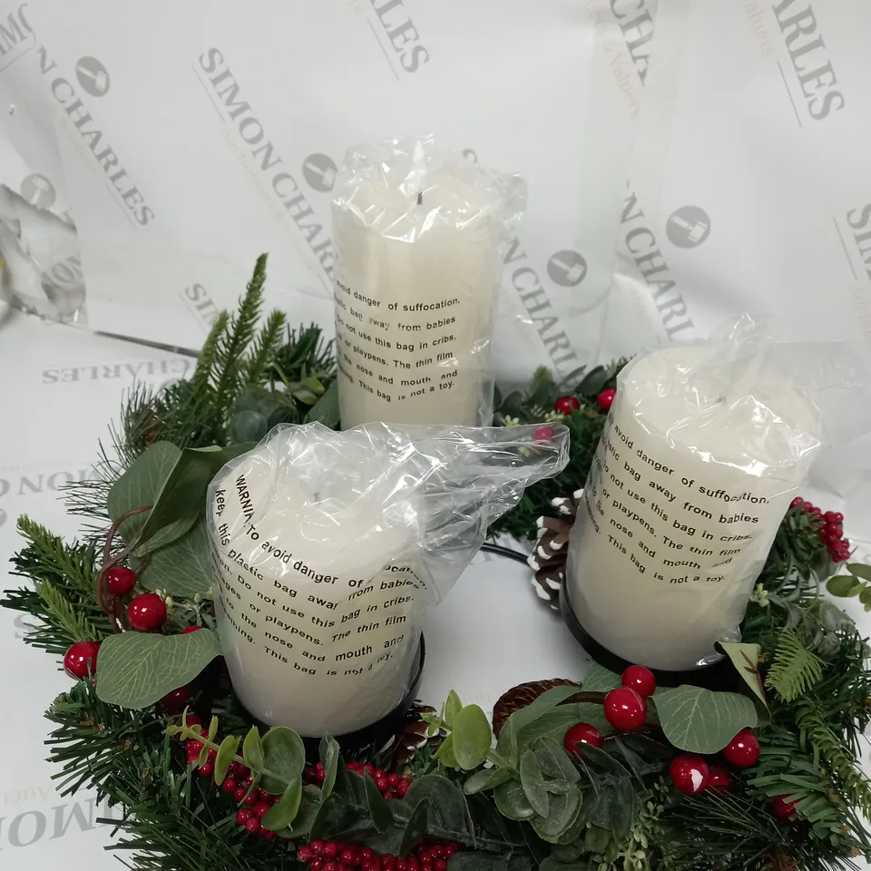 HOME REFLECTIONS 3 IN 1 FLAMELESS CANDLE WITH WREATH SET RED BERRY