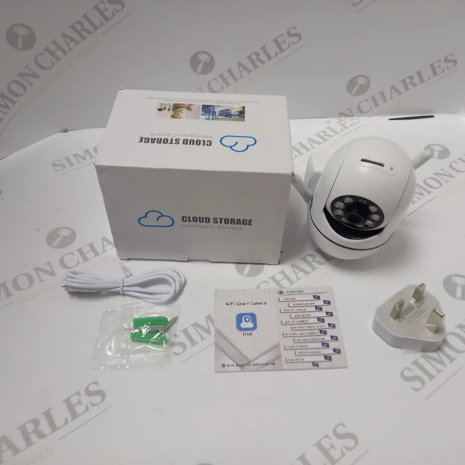 BOXED CLOUD STORAGE WI-FI SMART CAMERA FOR ANDROID AND IOS, WITH FITTINGS, CABLE AND INSTRUCTIONS