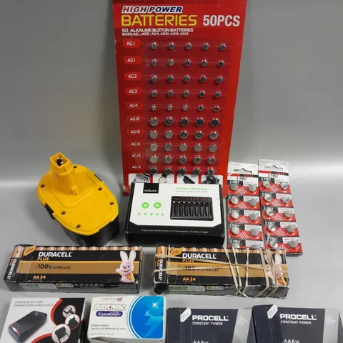 APPROXIMATELY 20 ASSORTED BATTERY PRODUCTS TO INCLUDE AA, BUTTON CELL, AAA ETC
