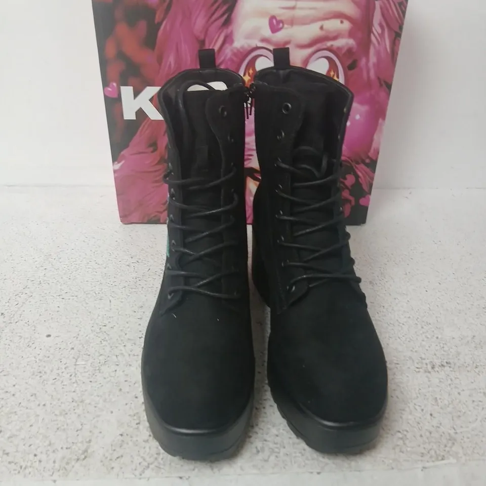 KOI BUTTERFLY DUNE SUEDE PLATFORM MILITARY BOOTS – BLACK, UK 8