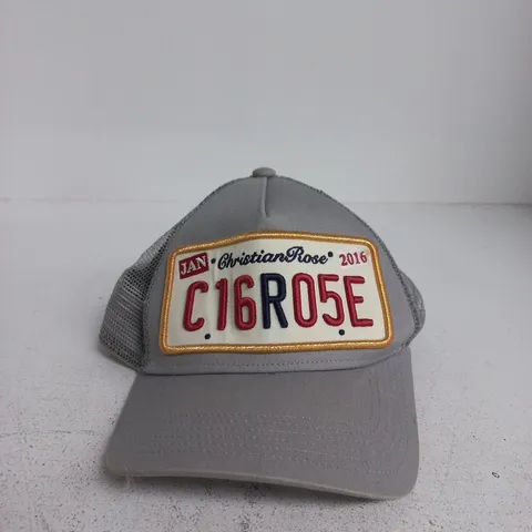 CHRISTIAN ROSE GREY BASEBALL CAP WITH EMBROIDERED LICENSE-PLATE PATCH