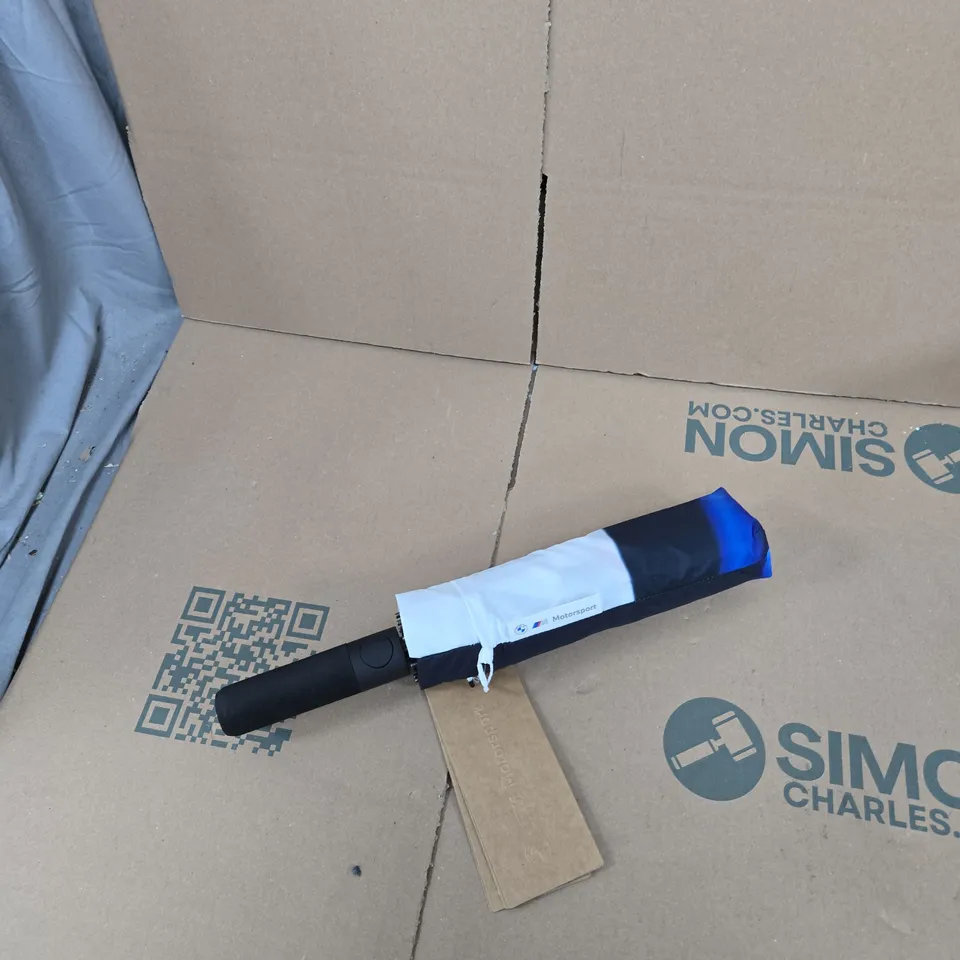 BMW M MOTORSPORT POCKET UMBRELLA – FOLDED, BLACK WITH BLUE TRIM