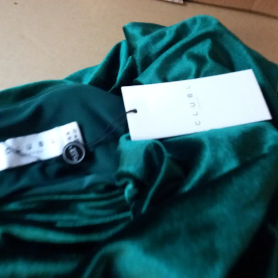 CLUB OF LONDON BOTTLE GREEN VELVET TWIST FRONT BARDOT MINI DRESS - UK 10