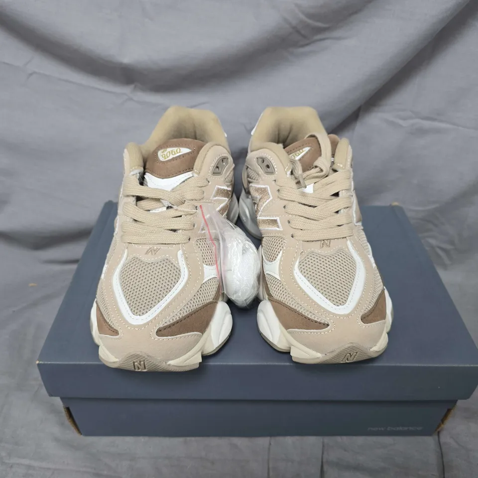 BOXED PAIR OF NEW BALANCE LIFESTYLE 9060 TRAINERS IN BEIGE - UK 4